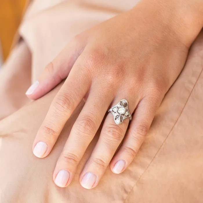 Antique Rings Edwardian Old European Cut Diamond And Platinum Navette Ring