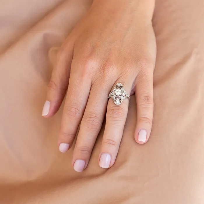 Antique Rings Edwardian Old European Cut Diamond And Platinum Navette Ring