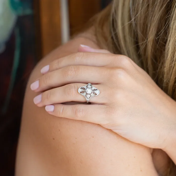 Antique Rings Edwardian Old European Cut Diamond And Platinum Navette Ring