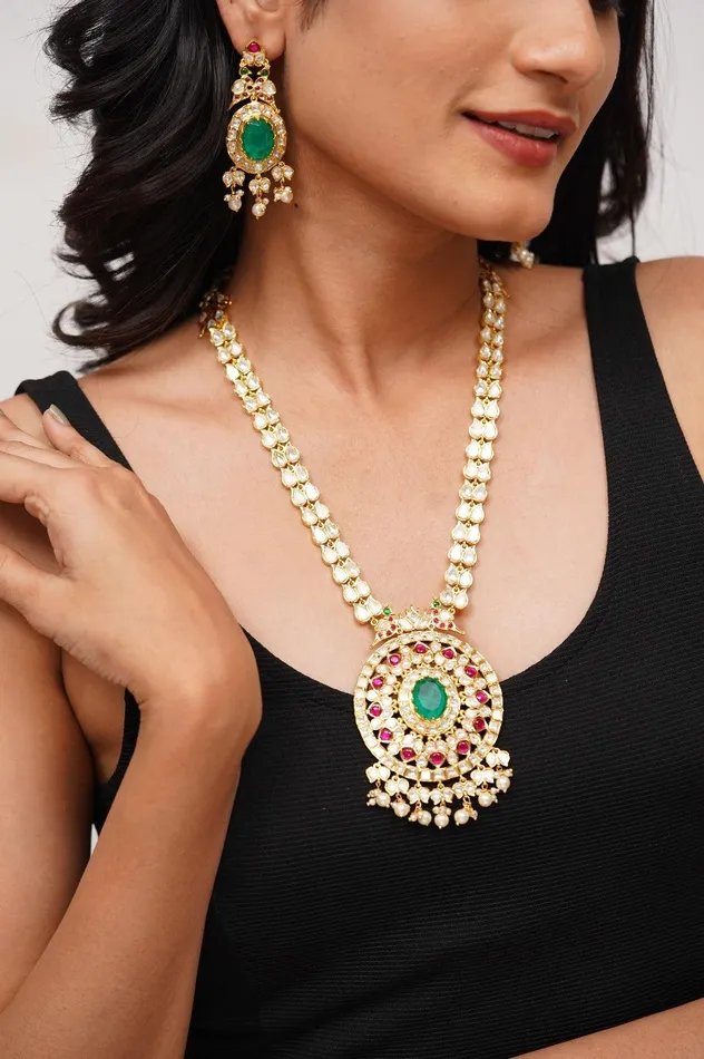 attrangi Samaira Indian Moissanite Polki Long Set Earrings