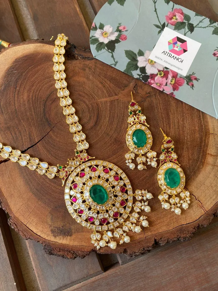 attrangi Samaira Indian Moissanite Polki Long Set Earrings