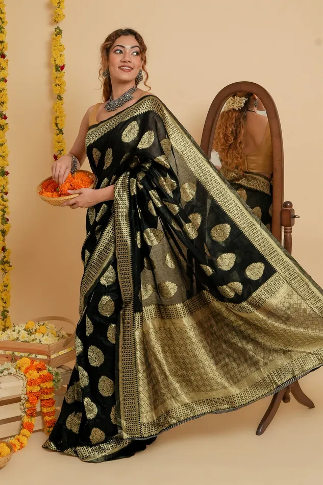 Earrings Teejh Teejh Kalmah Black Soft Cotton Silk Ready to Drape Saree Earrings Teejh Teejh Kalmah Black Soft Cotton Silk Ready to Drape Saree
