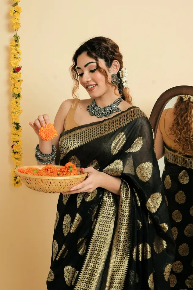 Earrings Teejh Teejh Kalmah Black Soft Cotton Silk Ready to Drape Saree