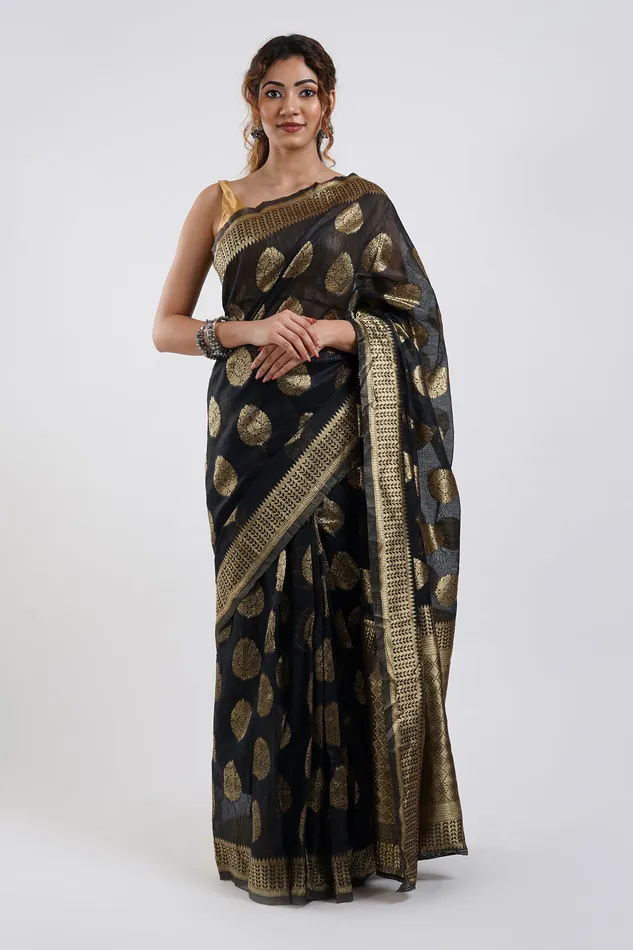 Earrings Teejh Teejh Kalmah Black Soft Cotton Silk Ready to Drape Saree