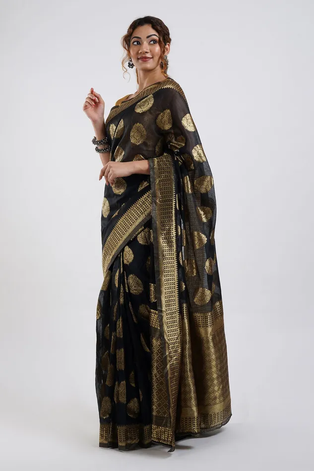 Earrings Teejh Teejh Kalmah Black Soft Cotton Silk Ready to Drape Saree