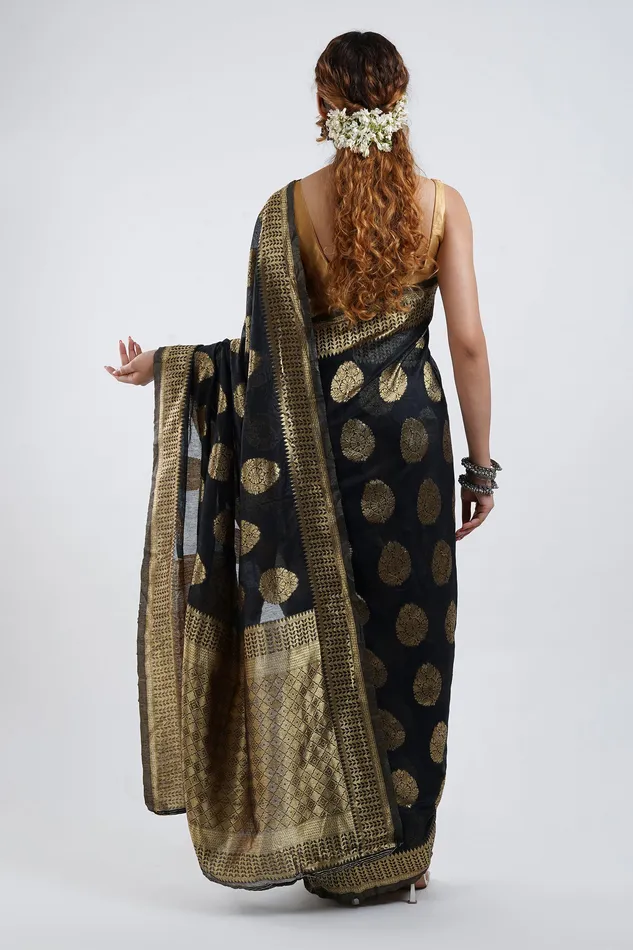 Earrings Teejh Teejh Kalmah Black Soft Cotton Silk Ready to Drape Saree