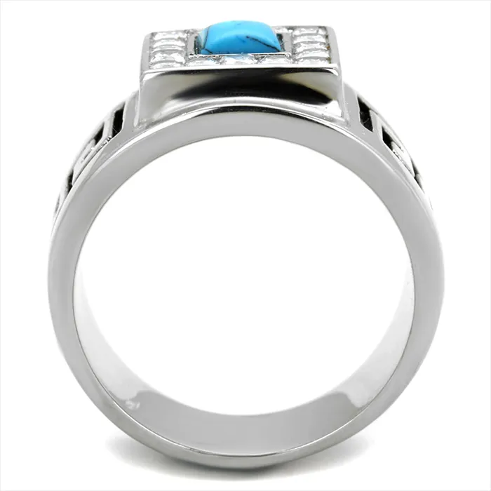 Green Rings CJ2053 Stainless Steel Teal Square Stone Mens Ring