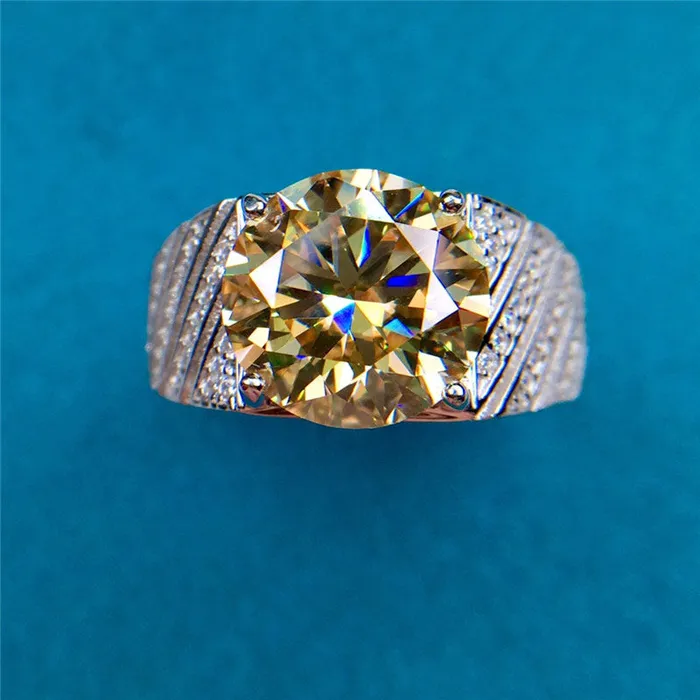 Leyloon Jewelry 5 Carat Round Cut Moissanite Ring Diagonal Bead set Wide Tapered Band VVS Yellow Rings Leyloon Jewelry 5 Carat Round Cut Moissanite Ring Diagonal Bead set Wide Tapered Band VVS Yellow Rings