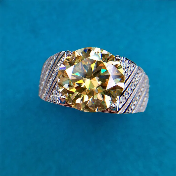 Leyloon Jewelry 5 Carat Round Cut Moissanite Ring Diagonal Bead set Wide Tapered Band VVS Yellow Rings