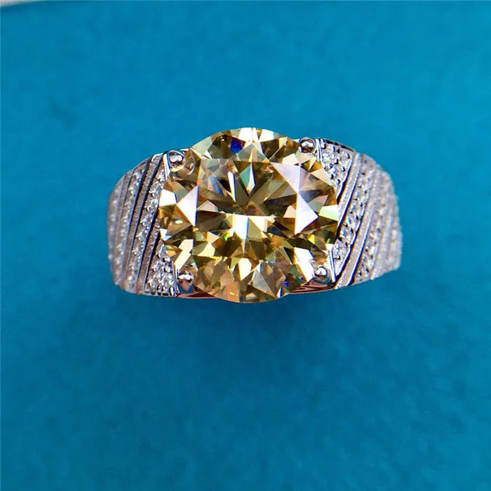 Leyloon Jewelry 5 Carat Round Cut Moissanite Ring Diagonal Bead set Wide Tapered Band VVS Yellow Rings