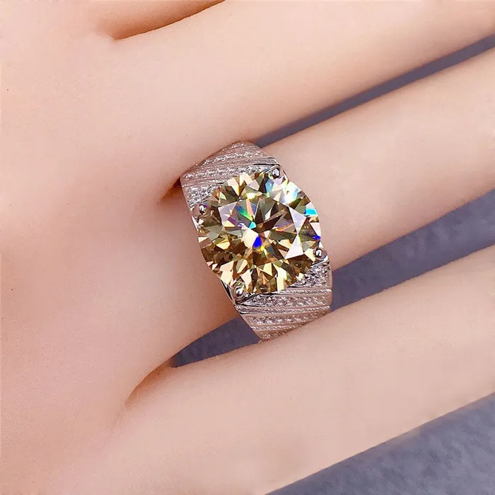 Leyloon Jewelry 5 Carat Round Cut Moissanite Ring Diagonal Bead set Wide Tapered Band VVS Yellow Rings