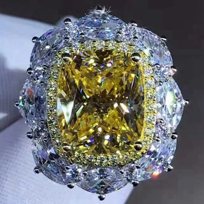 Leyloon Jewelry Rings 5 Carat Cushion Cut Moissanite Ring Deep Yellow VVS Twotone Double Halo Pave Leyloon Jewelry Rings 5 Carat Cushion Cut Moissanite Ring Deep Yellow VVS Twotone Double Halo Pave