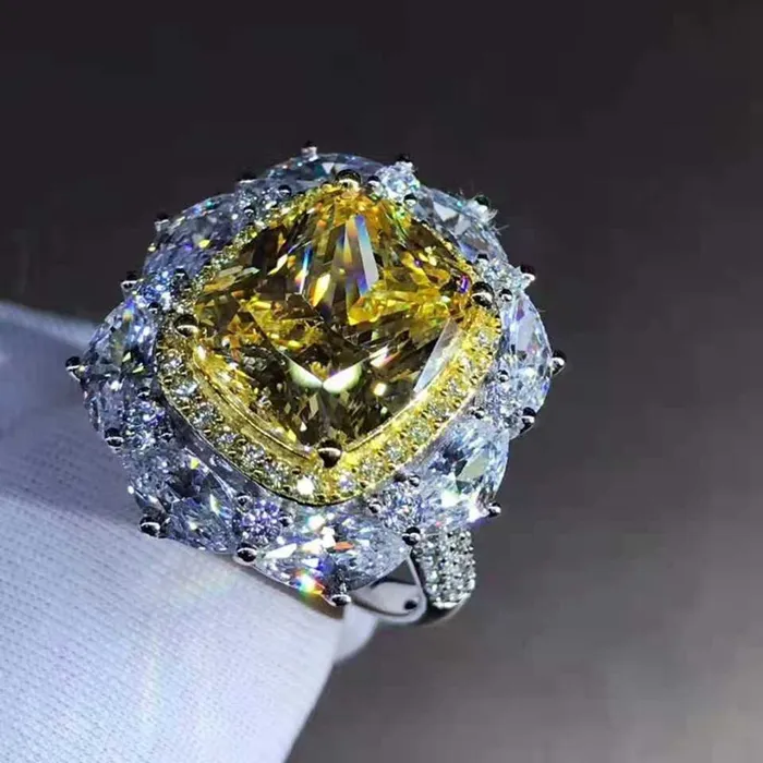 Leyloon Jewelry Rings 5 Carat Cushion Cut Moissanite Ring Deep Yellow VVS Twotone Double Halo Pave