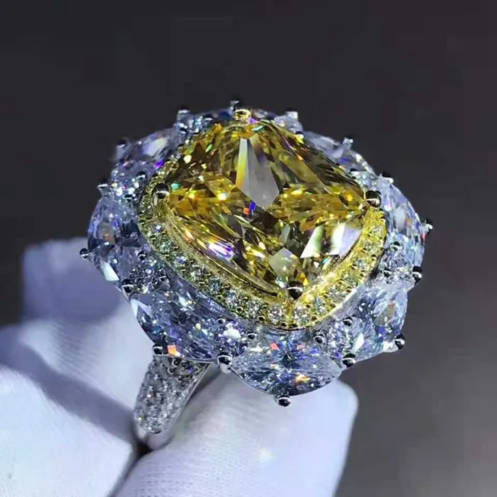 Leyloon Jewelry Rings 5 Carat Cushion Cut Moissanite Ring Deep Yellow VVS Twotone Double Halo Pave