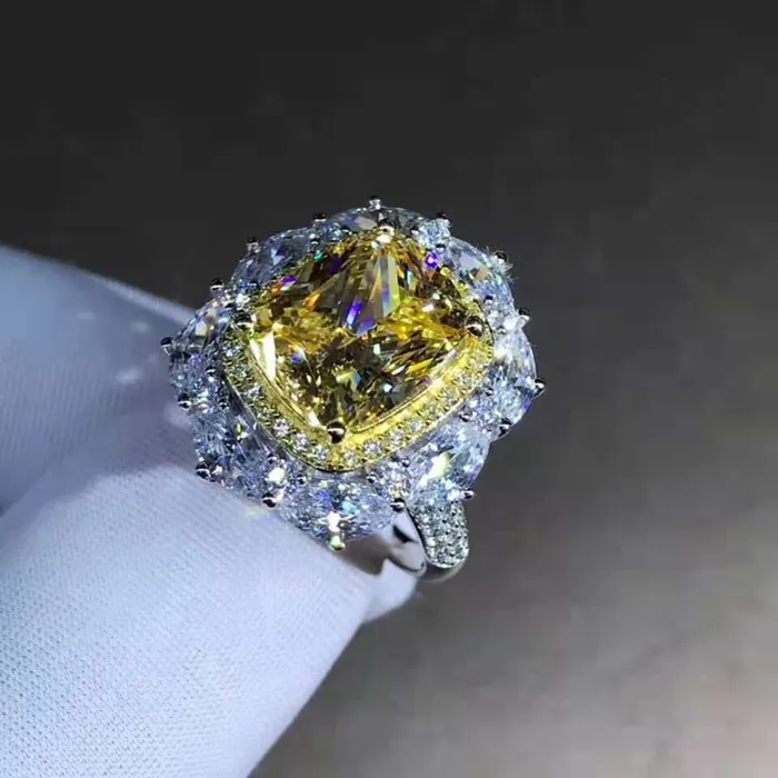 Leyloon Jewelry Rings 5 Carat Cushion Cut Moissanite Ring Deep Yellow VVS Twotone Double Halo Pave