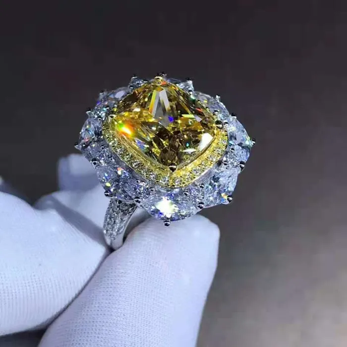 Leyloon Jewelry Rings 5 Carat Cushion Cut Moissanite Ring Deep Yellow VVS Twotone Double Halo Pave