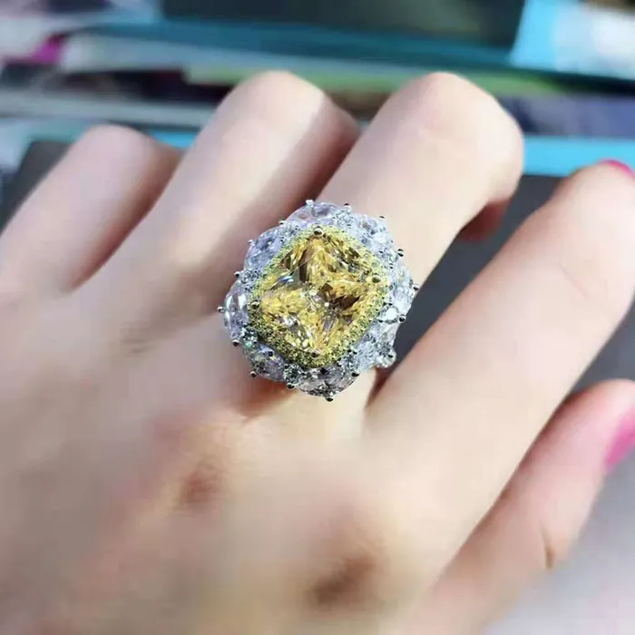 Leyloon Jewelry Rings 5 Carat Cushion Cut Moissanite Ring Deep Yellow VVS Twotone Double Halo Pave