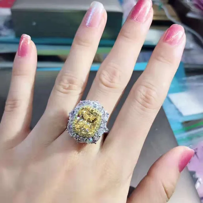 Leyloon Jewelry Rings 5 Carat Cushion Cut Moissanite Ring Deep Yellow VVS Twotone Double Halo Pave