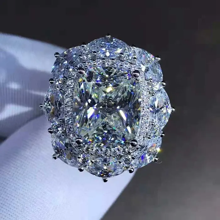 Leyloon Jewelry Rings 5 Carat Cushion Cut Moissanite Ring Deep Yellow VVS Twotone Double Halo Pave