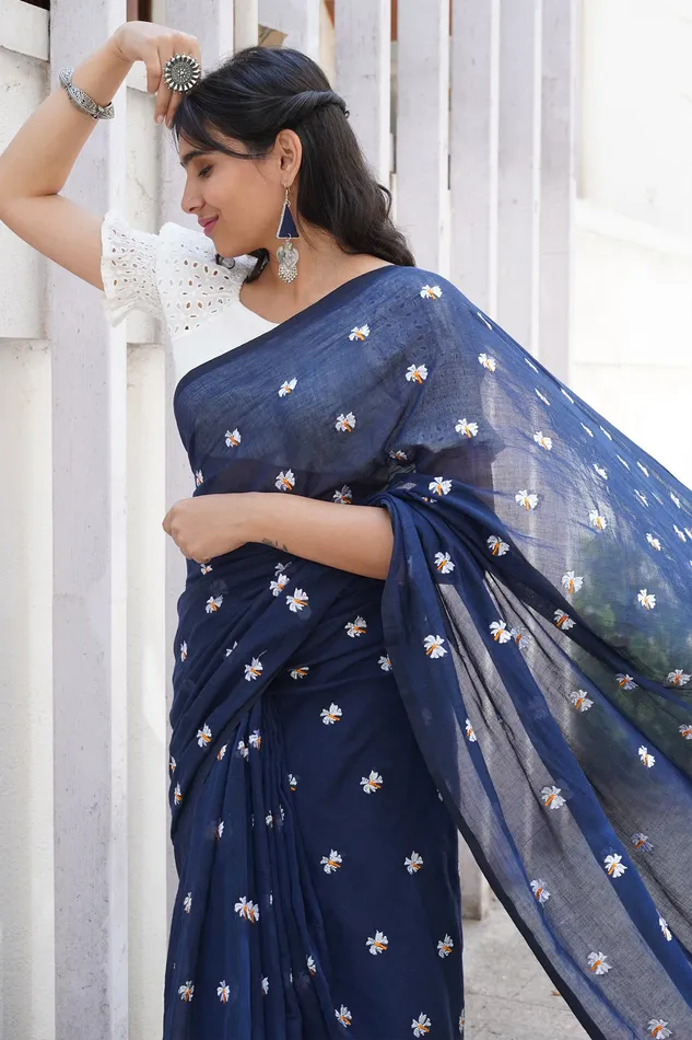 Rings Teejh Teejh Reiya Blue Embroidered Mulmul Cotton Saree