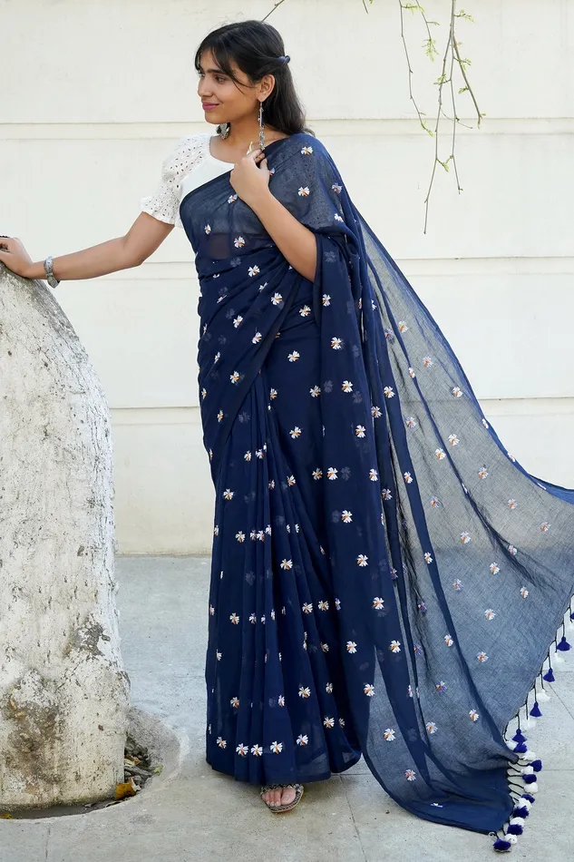 Rings Teejh Teejh Reiya Blue Embroidered Mulmul Cotton Saree Rings Teejh Teejh Reiya Blue Embroidered Mulmul Cotton Saree