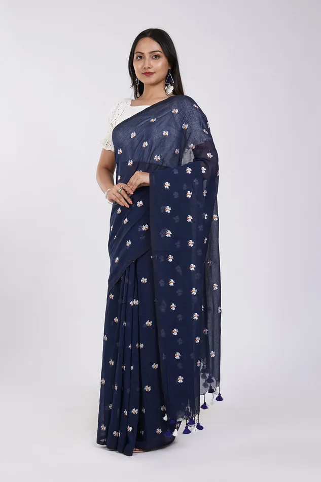 Rings Teejh Teejh Reiya Blue Embroidered Mulmul Cotton Saree Rings Teejh Teejh Reiya Blue Embroidered Mulmul Cotton Saree