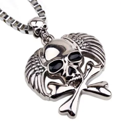 02 Necklaces N556 Silver Skull with Wings Crossbones Pendant Necklace