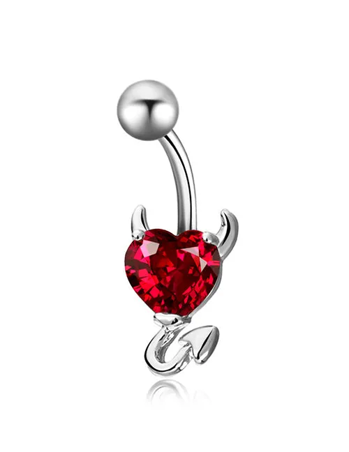 02 Rings P109 Silver Red Heart Gem Devil Belly Button Ring