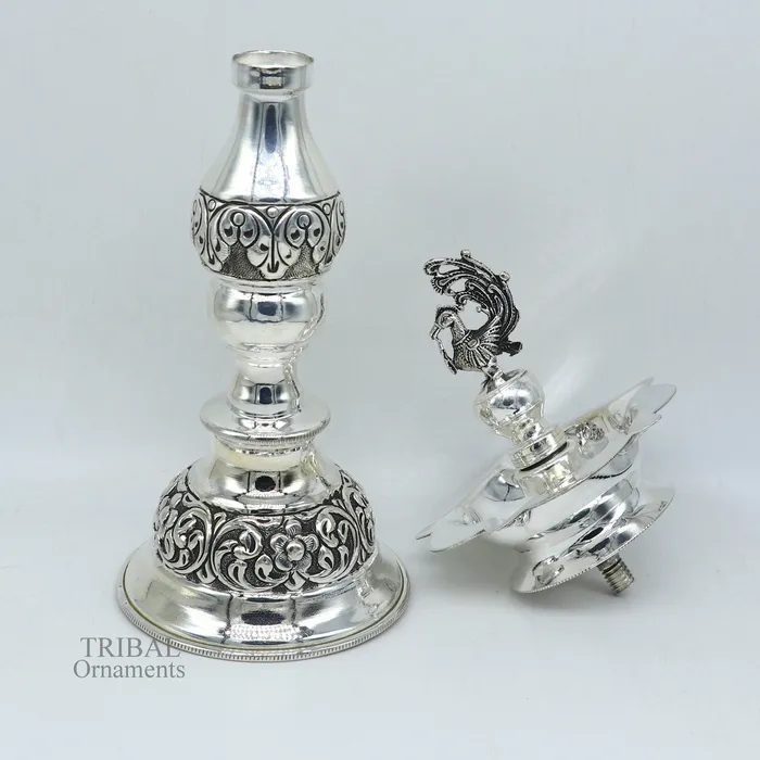10 925 sterling silver handcrafted vintage design Panchmukhi oil lamp Deepak silver puja article silver candle stand diya figurine LMP01 TRIBAL ORNAMENTS Rings