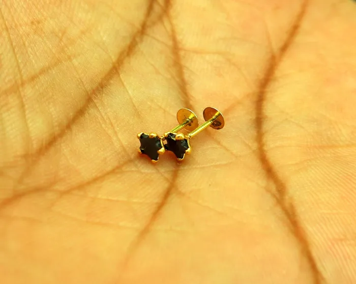 4 mm single black stone 18 kt yellow gold handmade star shape design fabulous screw back stud earring use as nose pin unisex jewelry er118 TRIBAL ORNAMENTS Earrings 4 mm single black stone 18 kt yellow gold handmade star shape design fabulous screw back stud earring use as nose pin unisex jewelry er118 TRIBAL ORNAMENTS Earrings
