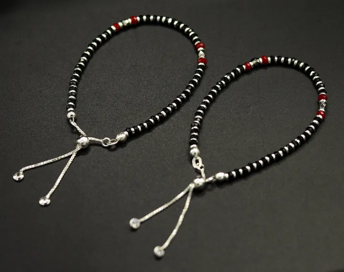 Bracelets TRIBAL ORNAMENTS 7 long 925 sterling silver gorgeous black and red beaded bracelet charm bracelet customized bracelet adjustable girls jewelry sbr160