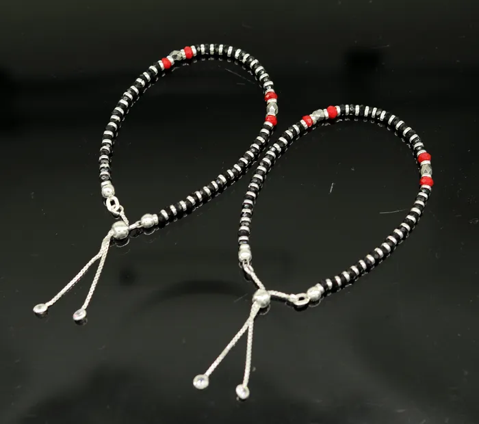Bracelets TRIBAL ORNAMENTS 7 long 925 sterling silver gorgeous black and red beaded bracelet charm bracelet customized bracelet adjustable girls jewelry sbr160