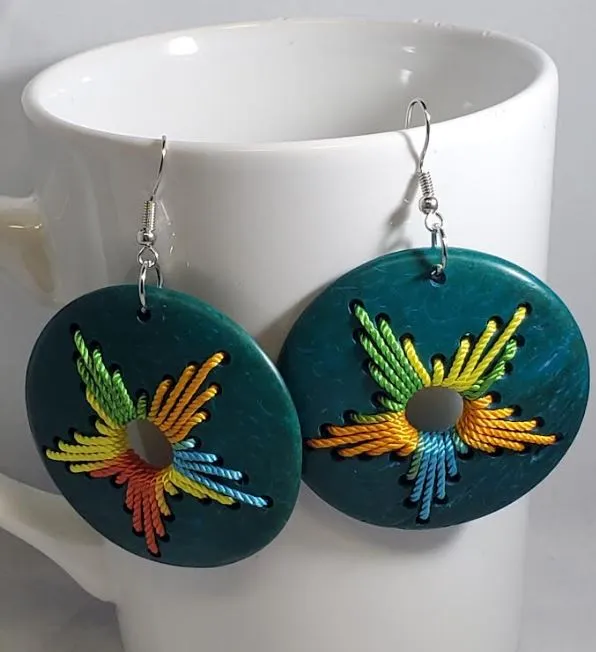 Earrings POLLY E1263 Round Turquoise Coconut Shell Wooden Earrings
