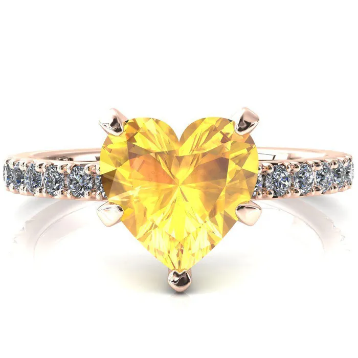 Fire Brilliance Rings Nefili Heart Yellow Sapphire 5 Prong 58 Eternity Diamond French Pave Engagement Ring