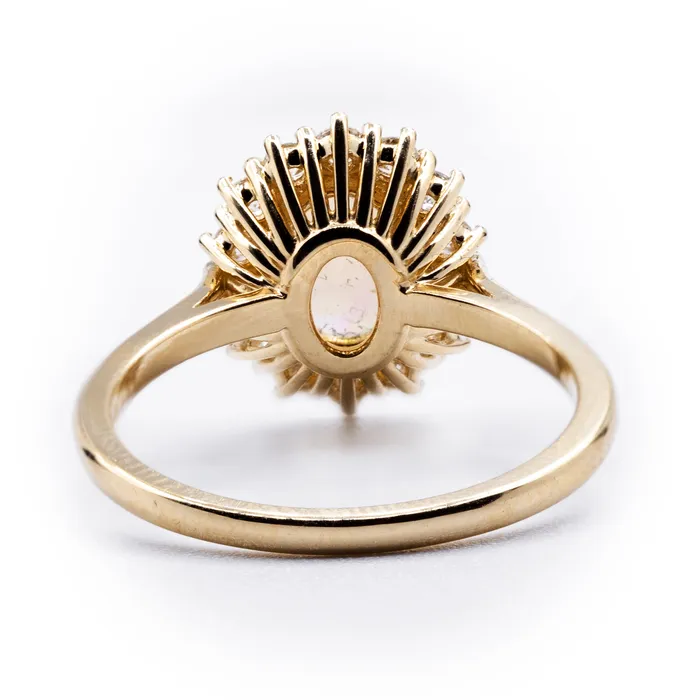 Fire Brilliance Rings Oval Natural Opal Setting with Diamond Accented Halo and Cathedral Shank Ring