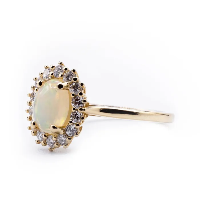 Fire Brilliance Rings Oval Natural Opal Setting with Diamond Accented Halo and Cathedral Shank Ring
