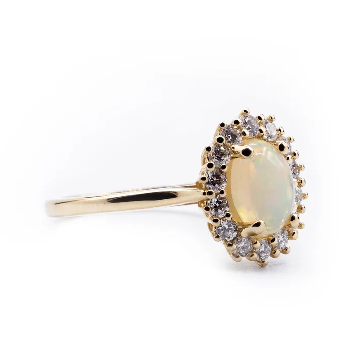 Fire Brilliance Rings Oval Natural Opal Setting with Diamond Accented Halo and Cathedral Shank Ring