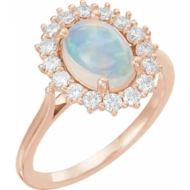 Fire Brilliance Rings Oval Natural Opal Setting with Diamond Accented Halo and Cathedral Shank Ring