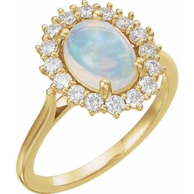 Fire Brilliance Rings Oval Natural Opal Setting with Diamond Accented Halo and Cathedral Shank Ring