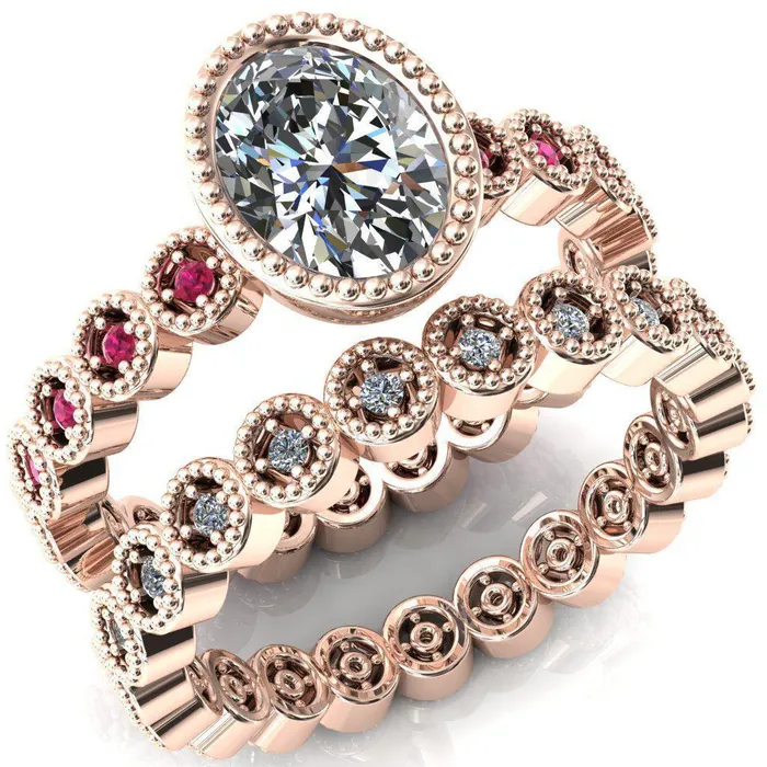 Rings Fire Brilliance Borea Oval Center Stone Full Bezel Milgrain Ruby Accent Full Eternity Ring