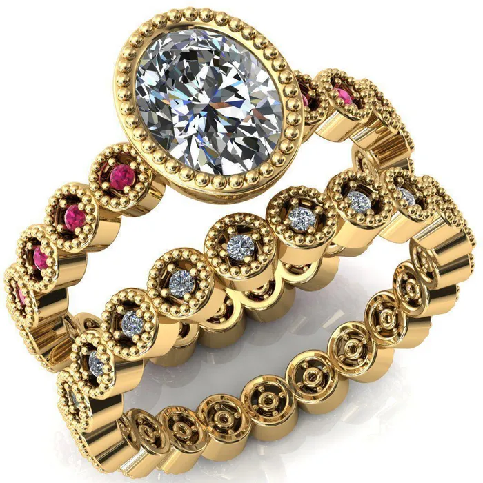 Rings Fire Brilliance Borea Oval Center Stone Full Bezel Milgrain Ruby Accent Full Eternity Ring