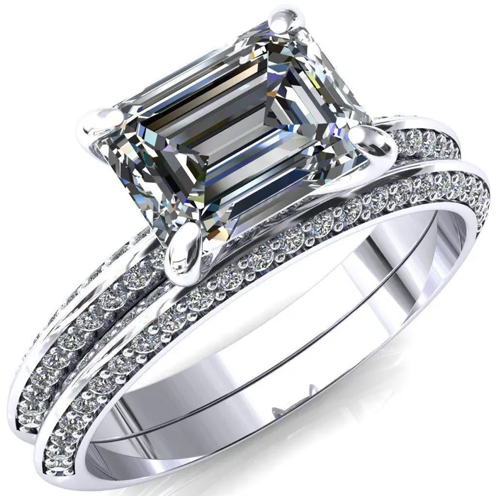 Rings Fire Brilliance Nancy Emerald Center Stone EastWest 4 Prong 12 Eternity Diamond Knife Shank Accent Engagement Ring