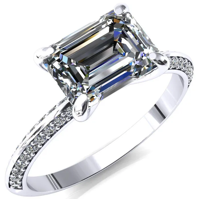 Rings Fire Brilliance Nancy Emerald Center Stone EastWest 4 Prong 12 Eternity Diamond Knife Shank Accent Engagement Ring