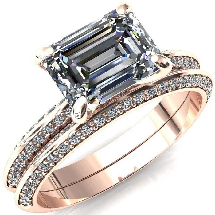 Rings Fire Brilliance Nancy Emerald Center Stone EastWest 4 Prong 12 Eternity Diamond Knife Shank Accent Engagement Ring