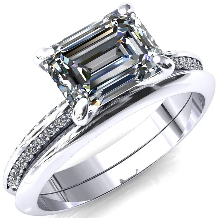 Rings Fire Brilliance Nancy Emerald Center Stone EastWest 4 Prong 12 Eternity Diamond Knife Shank Accent Engagement Ring