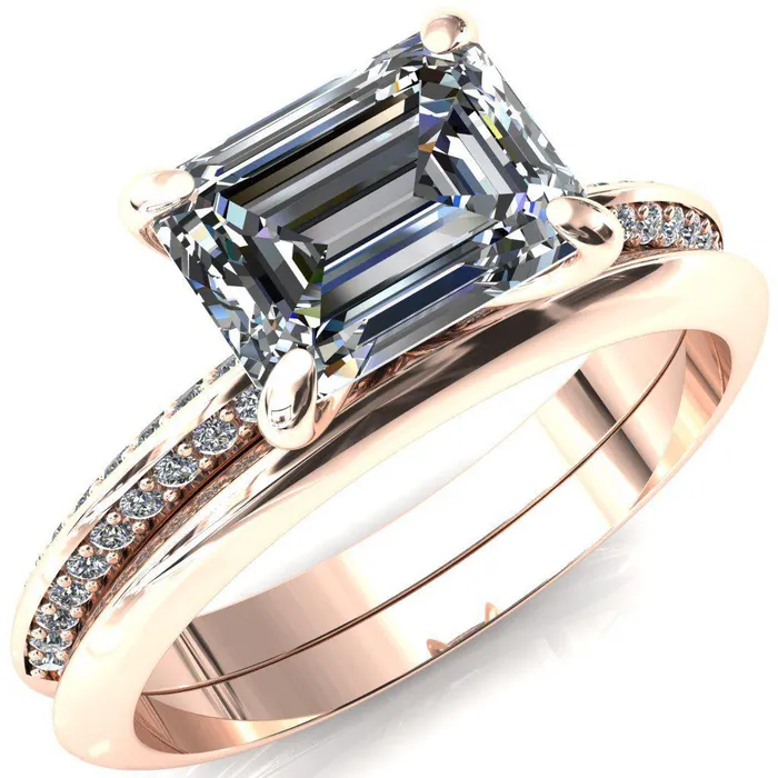 Rings Fire Brilliance Nancy Emerald Center Stone EastWest 4 Prong 12 Eternity Diamond Knife Shank Accent Engagement Ring