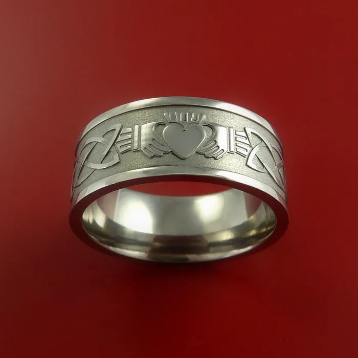 Rings Lashbrook Titanium Ring with Claddagh Milled Celtic Design Inlay Custom Made Band Rings Lashbrook Titanium Ring with Claddagh Milled Celtic Design Inlay Custom Made Band