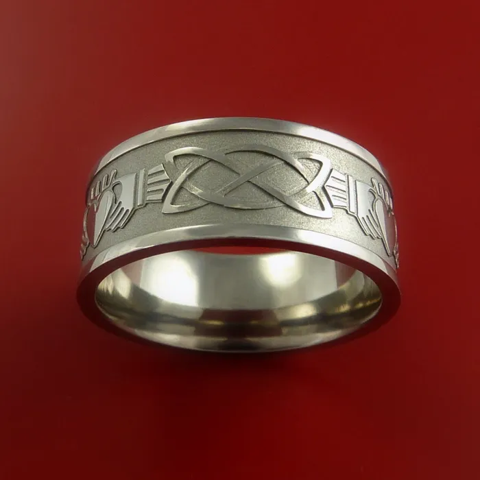 Rings Lashbrook Titanium Ring with Claddagh Milled Celtic Design Inlay Custom Made Band Rings Lashbrook Titanium Ring with Claddagh Milled Celtic Design Inlay Custom Made Band