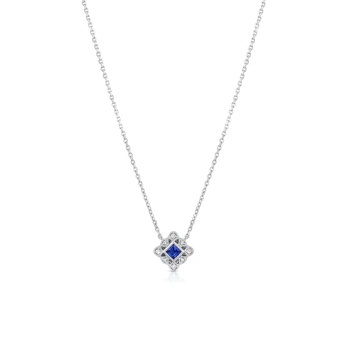 18K White Gold Sapphire Diamond Square Filigree Art Deco Necklace CJ Charles Jewelers Necklaces 18K White Gold Sapphire Diamond Square Filigree Art Deco Necklace CJ Charles Jewelers Necklaces