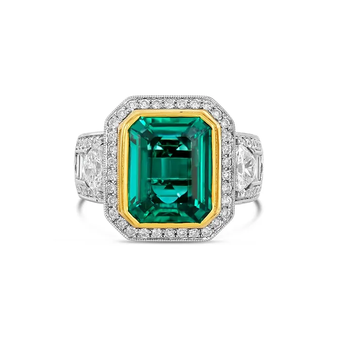 18K White Gold Wide Ring with Yellow Gold Bezel Set Emerald and Half Moon and Baguette Side Diamonds and Octagon Halo Meierotto Jewelers Rings 18K White Gold Wide Ring with Yellow Gold Bezel Set Emerald and Half Moon and Baguette Side Diamonds and Octagon Halo Meierotto Jewelers Rings